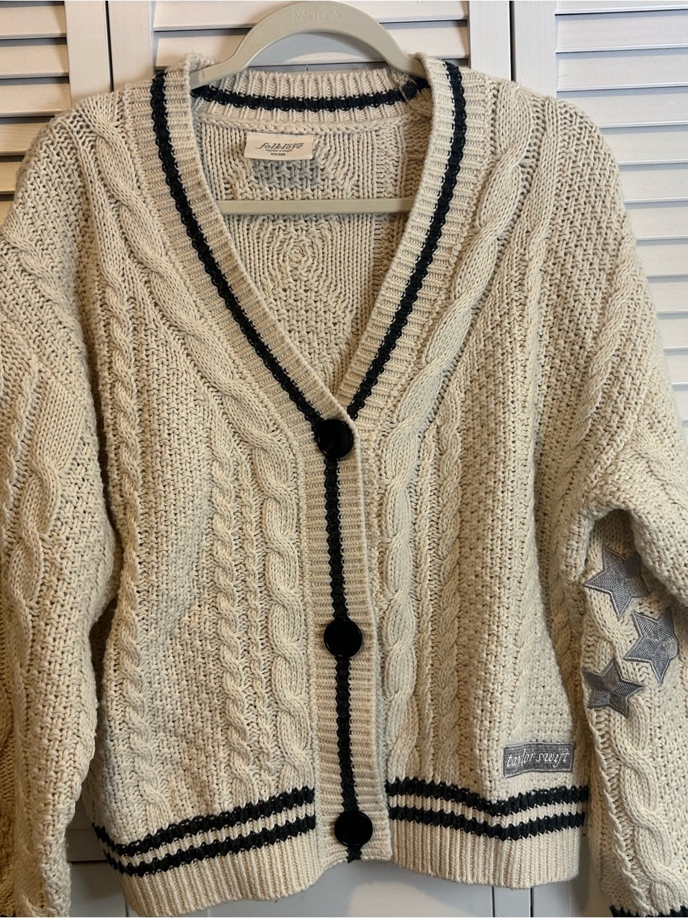 Taylor Swift FOLKLORE Cream Cable Knit V-Neck Cardigan with Black Trim